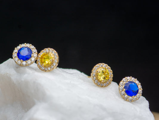 14k solid gold Round Simulated Diamond Yellow Green Blue With CZ stud earring