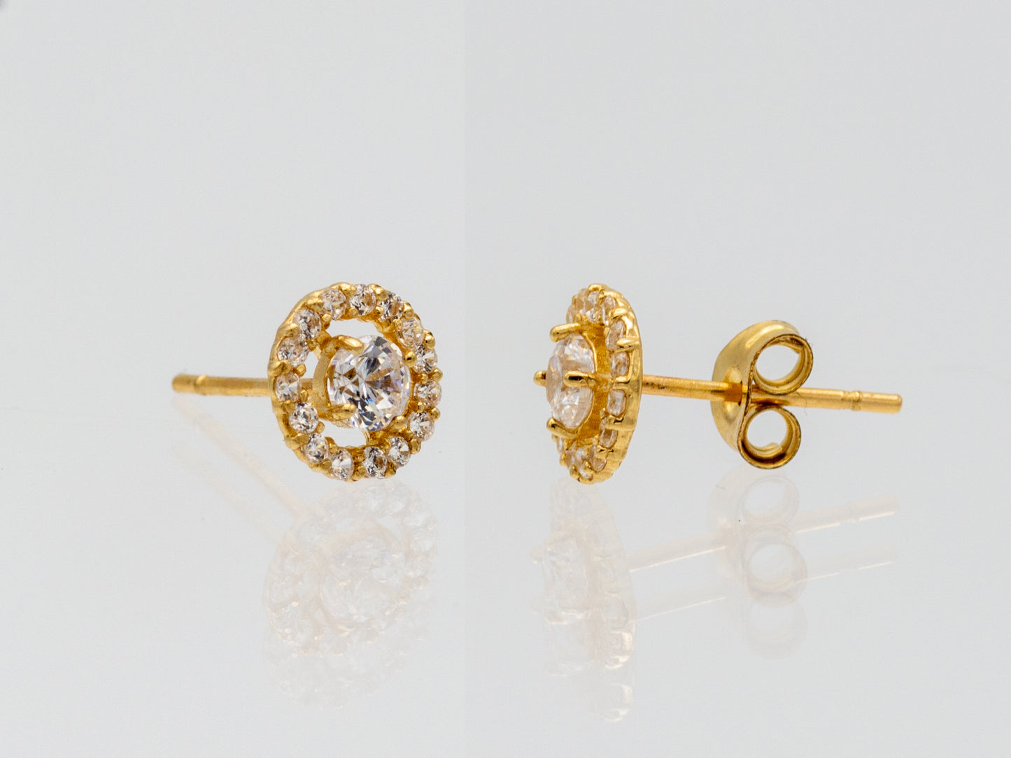 14k solid gold round halo CZ stud earrings