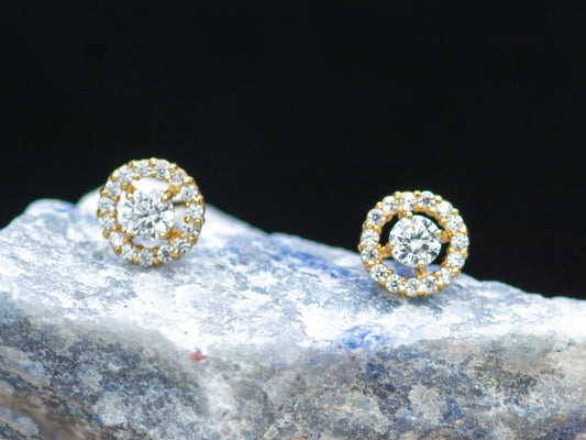 14k solid gold round halo CZ stud earrings