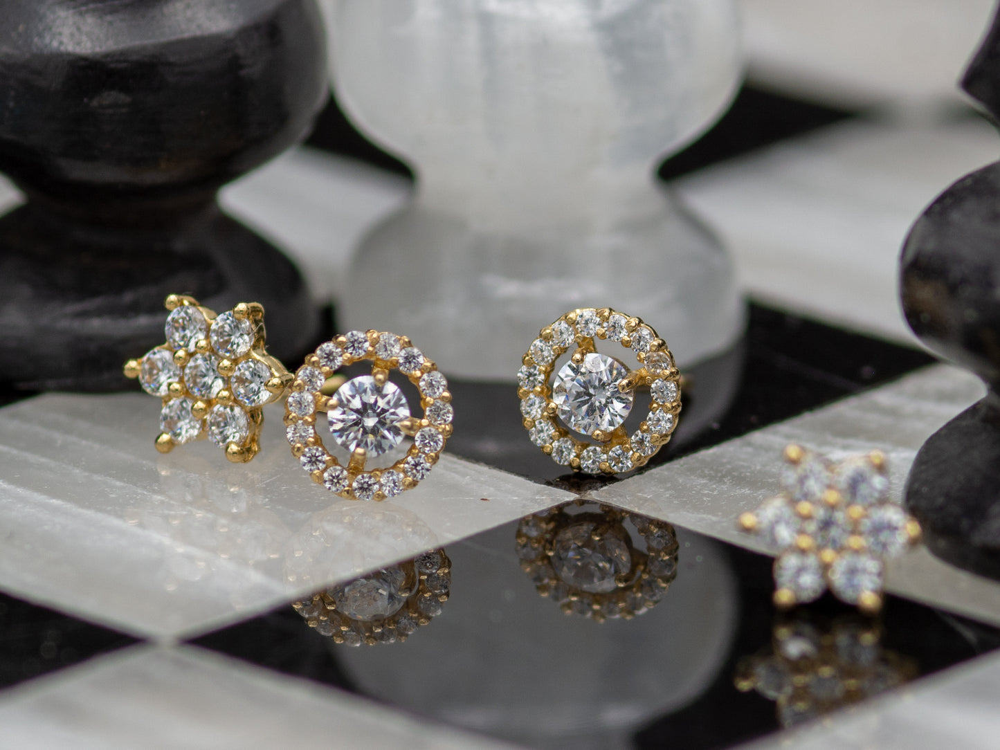 14k solid gold round halo CZ stud earrings