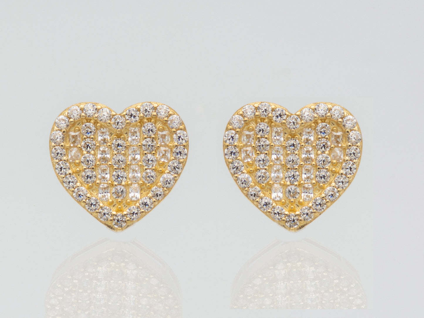 14k solid gold 3D CZ baguette pave heart earrings