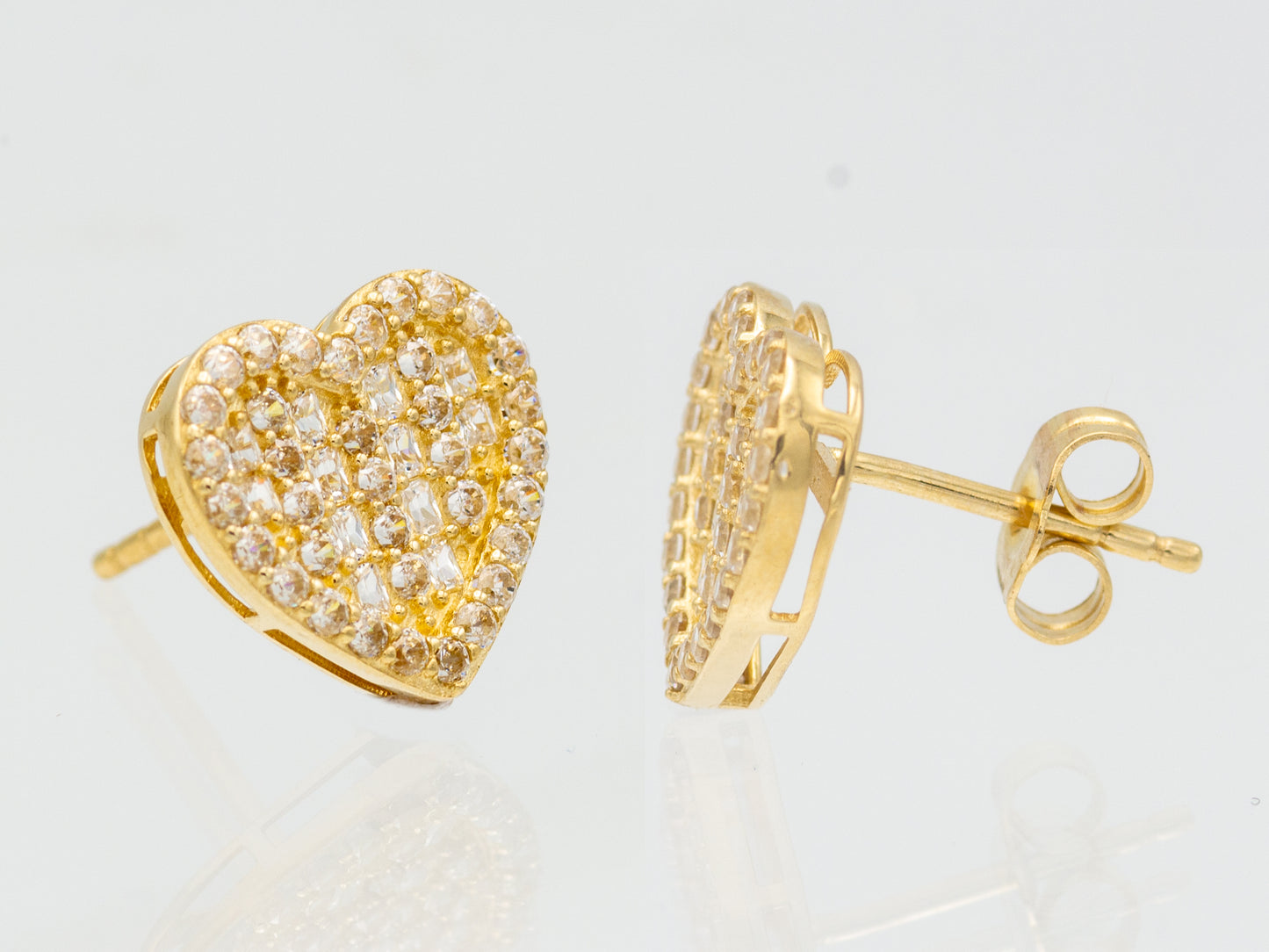 14k solid gold 3D CZ baguette pave heart earrings