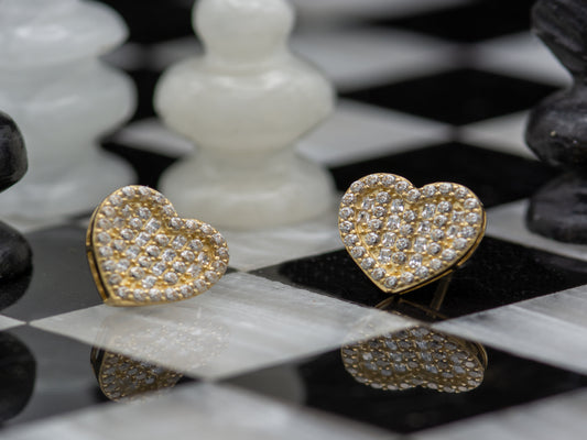 14k solid gold 3D CZ baguette pave heart earrings