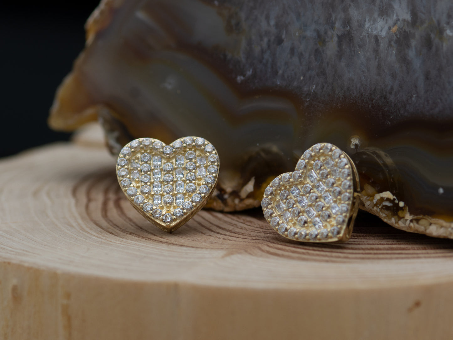 14k solid gold 3D CZ baguette pave heart earrings