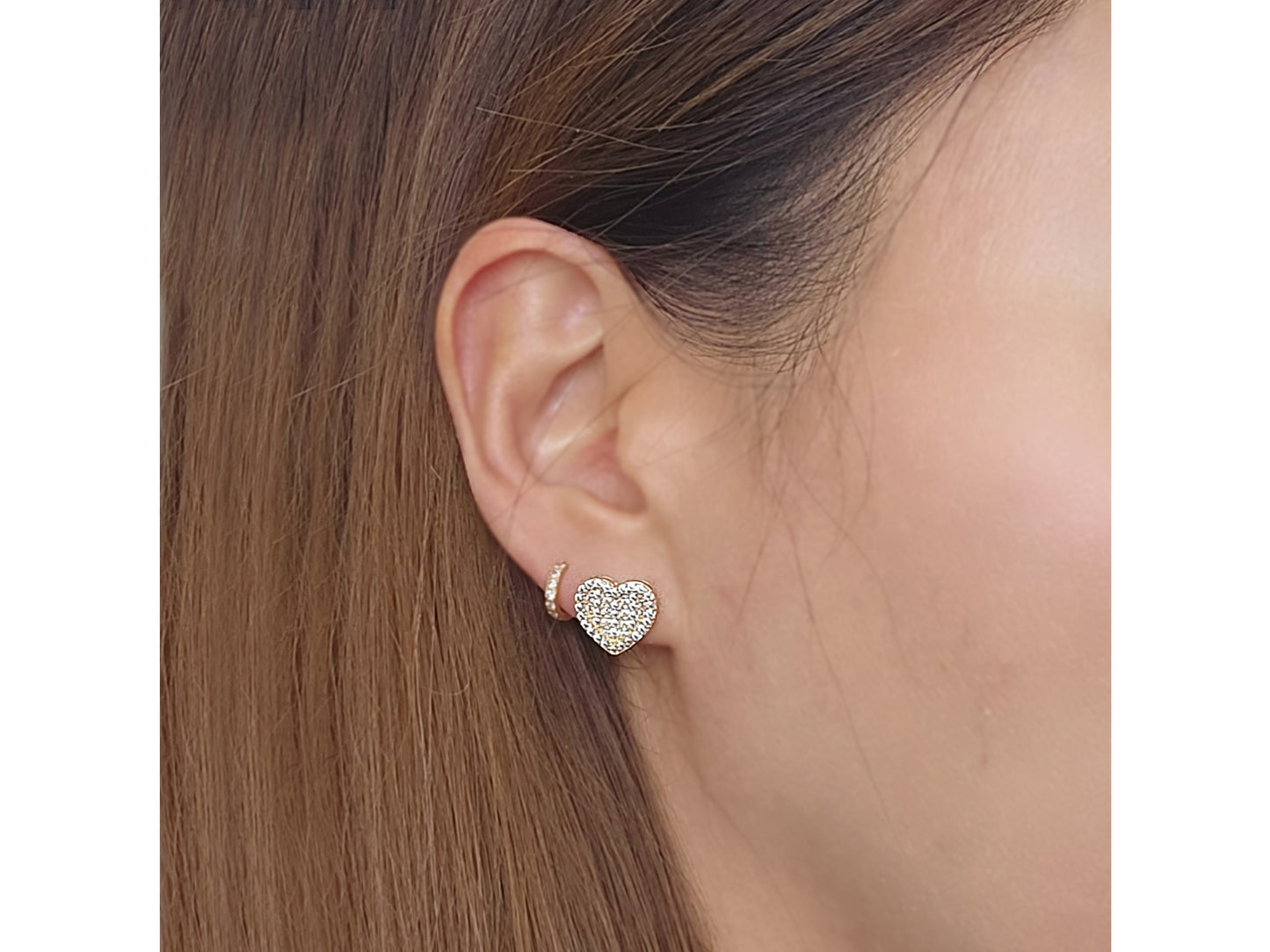 14k solid gold 3D CZ baguette pave heart earrings