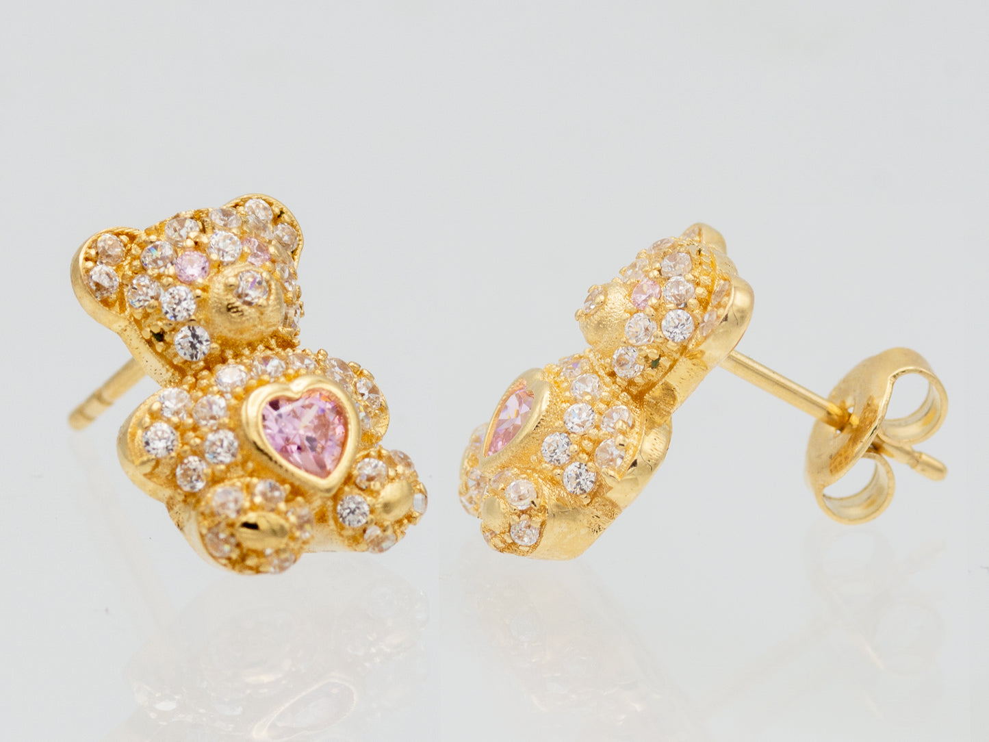 14k solid gold Teddy Bear Pink Cubic Zirconia Stud earring