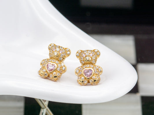14k solid gold Teddy Bear Pink Cubic Zirconia Stud earring