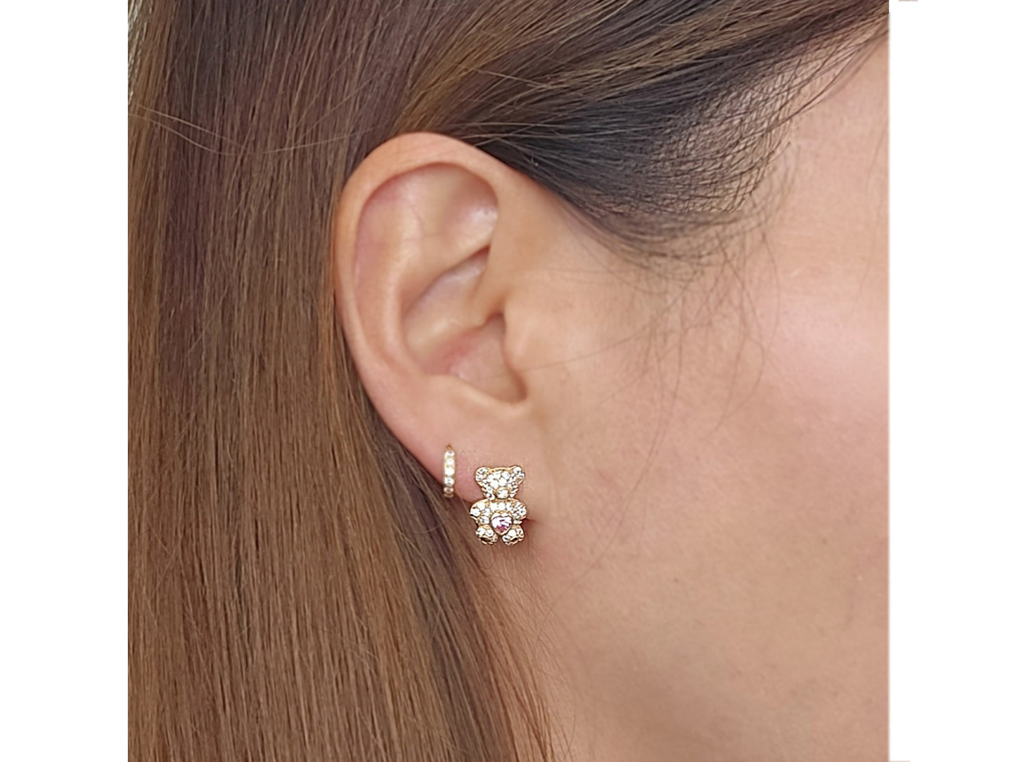 14k solid gold Teddy Bear Pink Cubic Zirconia Stud earring