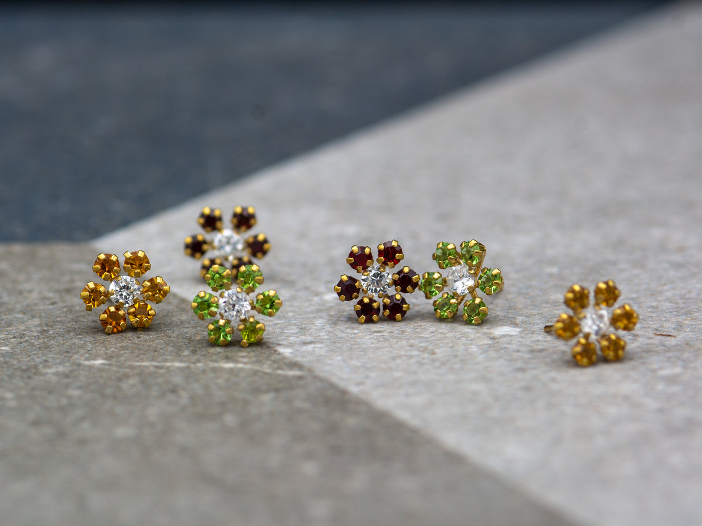 14k solid gold Flower color stone Petal Stud Earring