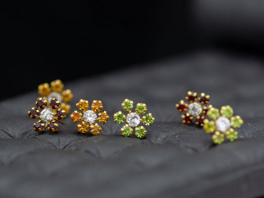 14k solid gold Flower color stone Petal Stud Earring