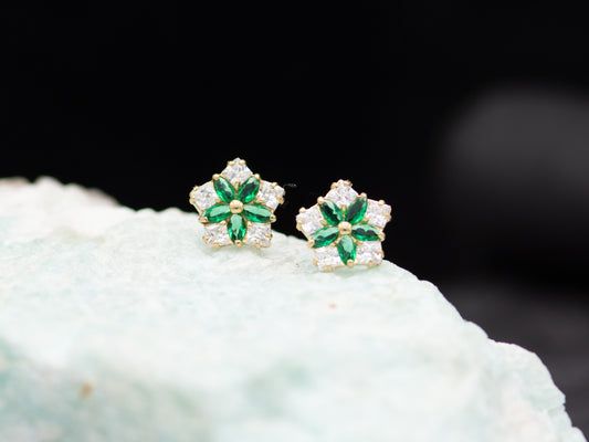 14k solid gold Marquise Emerald Princess Cut stud earring