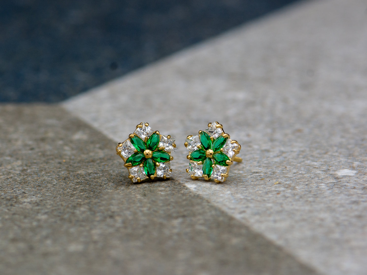 14k solid gold Marquise Emerald Princess Cut stud earring