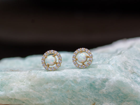 14K Solid Yellow Gold CZ Lab Opal Round Stud Earring