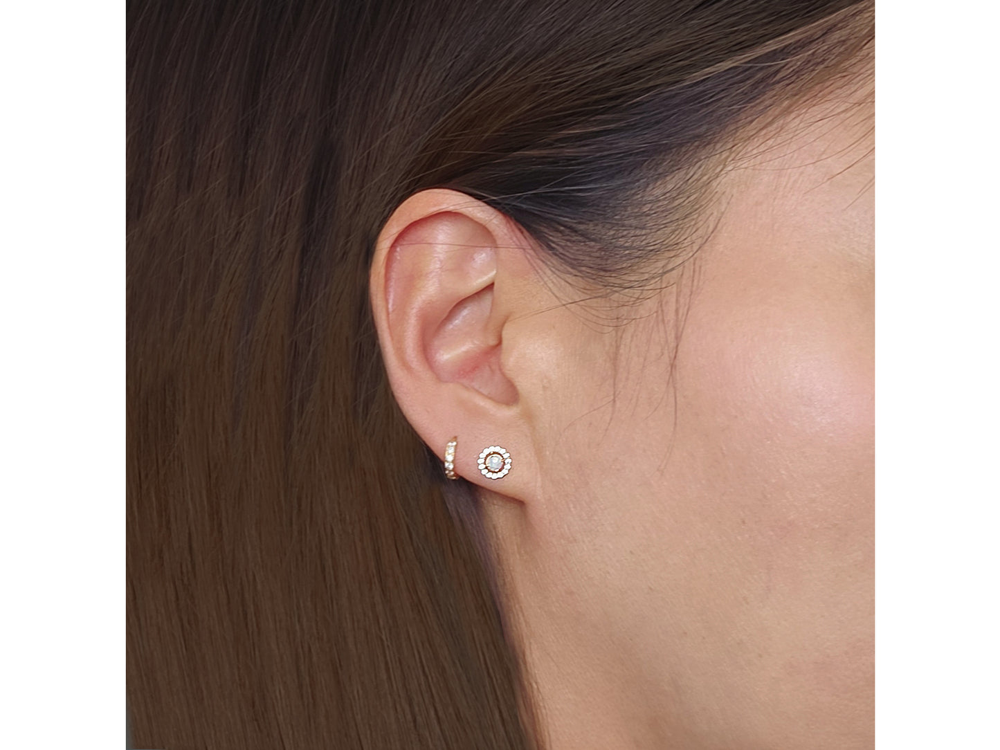14K Solid Yellow Gold CZ Lab Opal Round Stud Earring