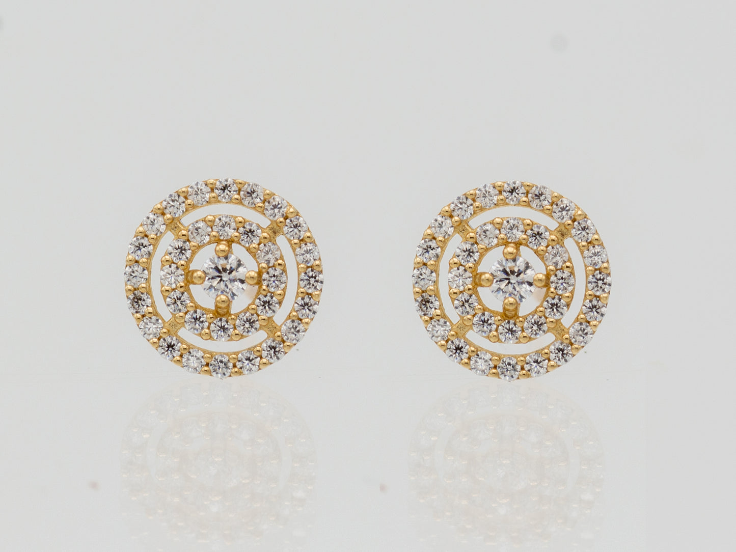 14k solid gold round double halo CZ stud earrings