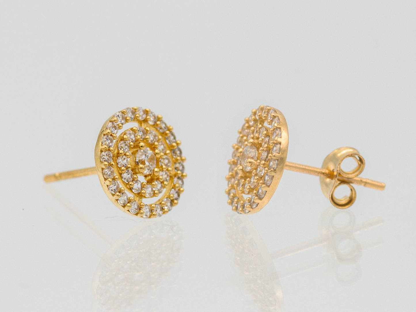 14k solid gold round double halo CZ stud earrings