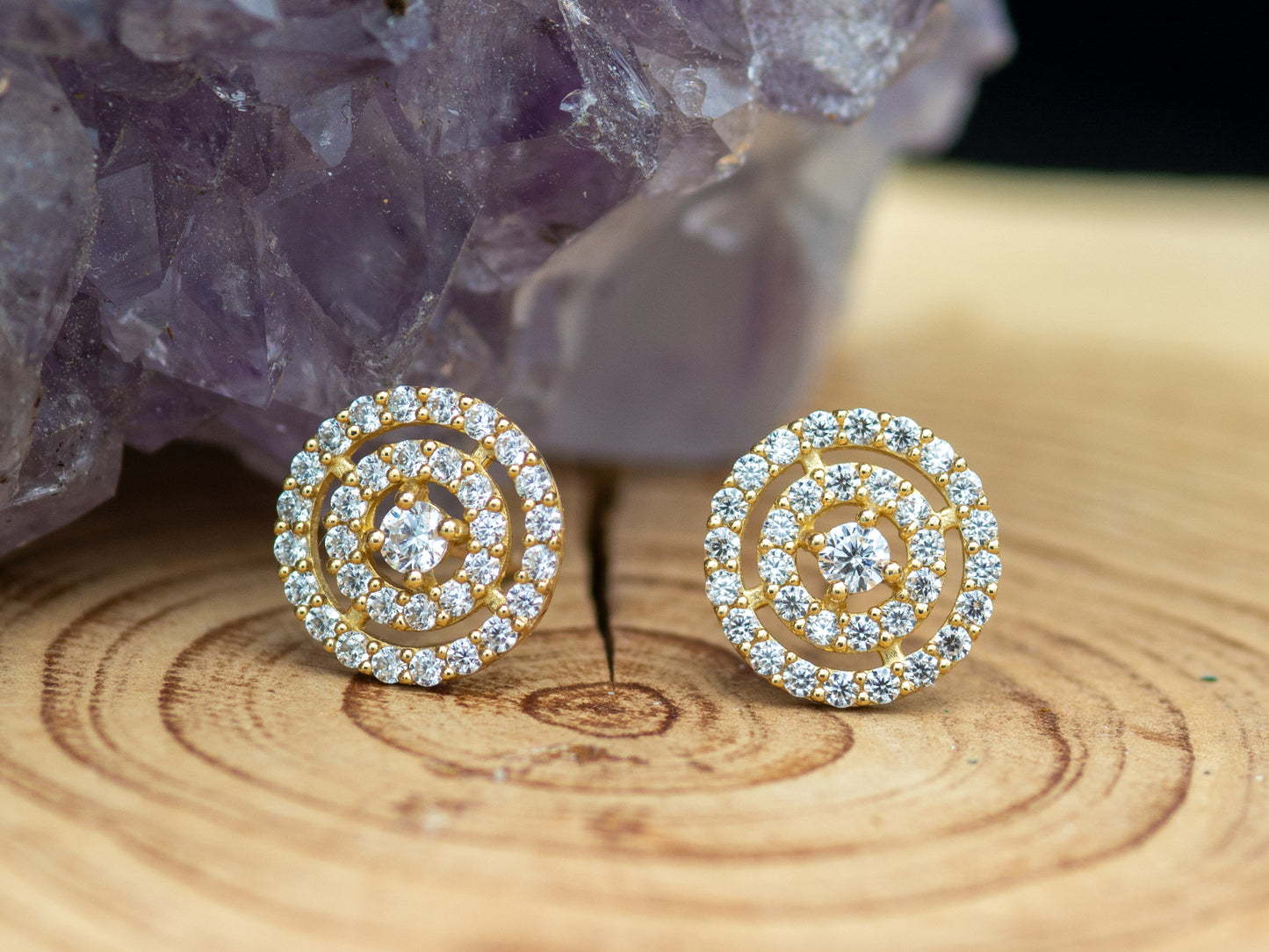 14k solid gold round double halo CZ stud earrings