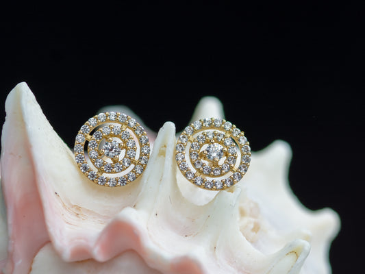 14k solid gold round double halo CZ stud earrings
