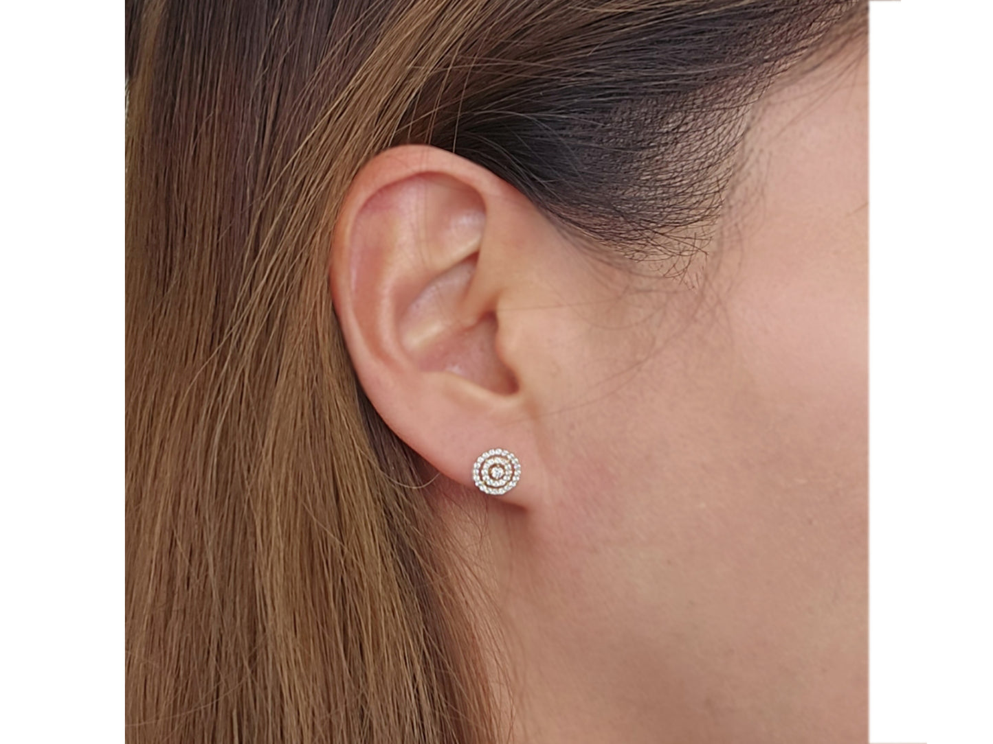 14k solid gold round double halo CZ stud earrings