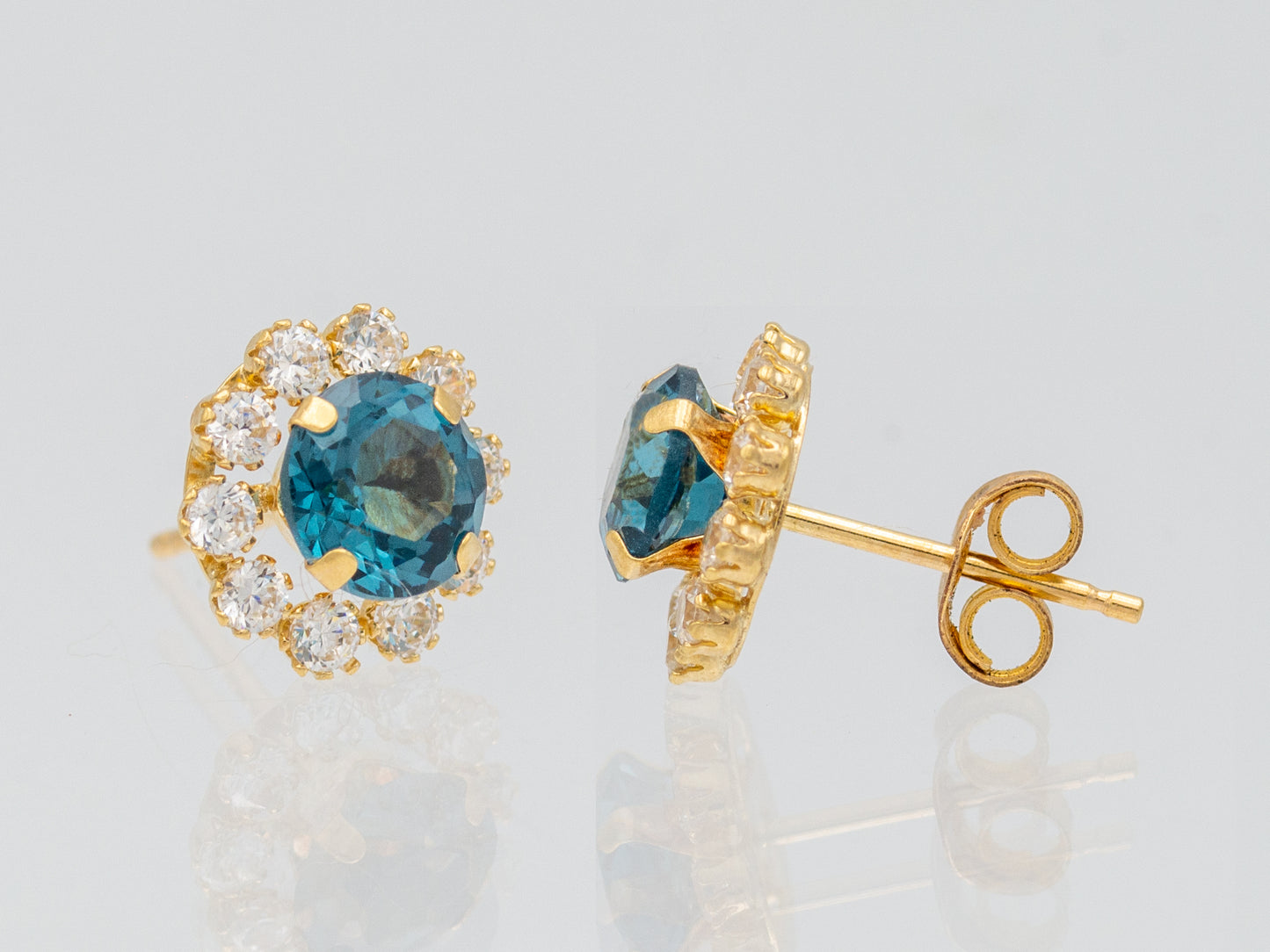 14k solid gold Blue Topaz simulated diamond stud earring