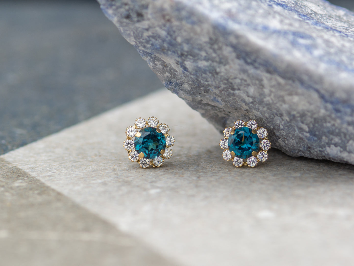 14k solid gold Blue Topaz simulated diamond stud earring