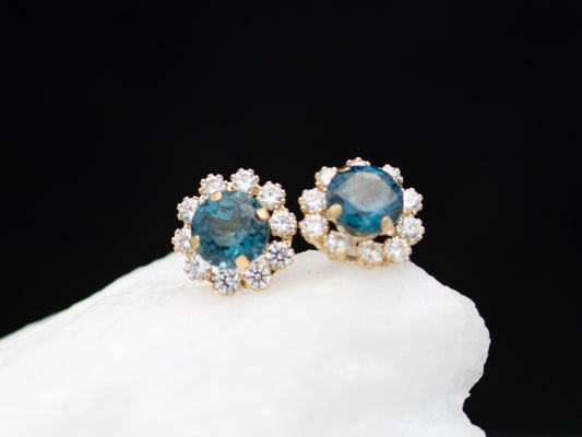 14k solid gold Blue Topaz simulated diamond stud earring