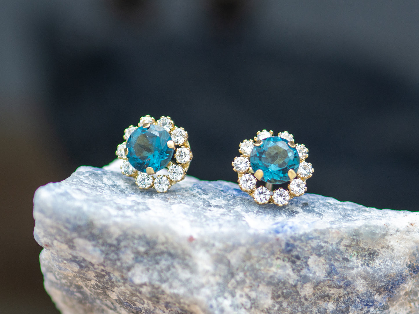 14k solid gold Blue Topaz simulated diamond stud earring