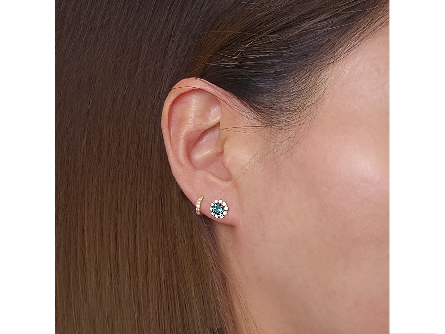 14k solid gold Blue Topaz simulated diamond stud earring