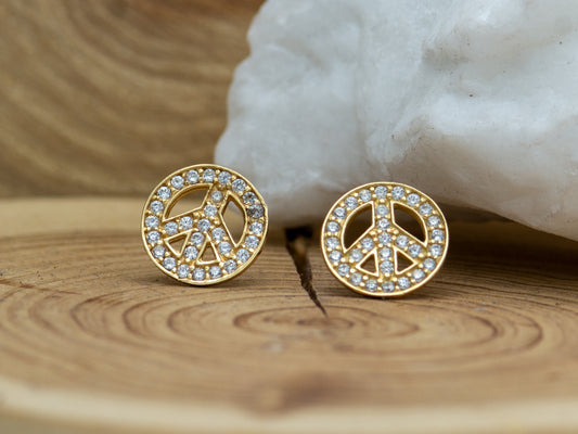 14k solid gold Peace Sign CZ Stud Earring