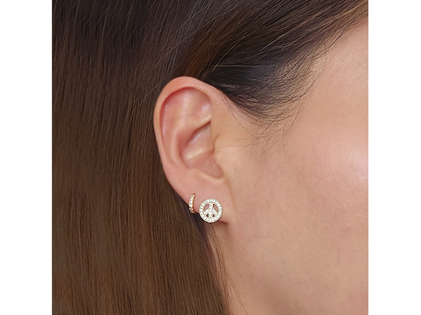 14k solid gold Peace Sign CZ Stud Earring