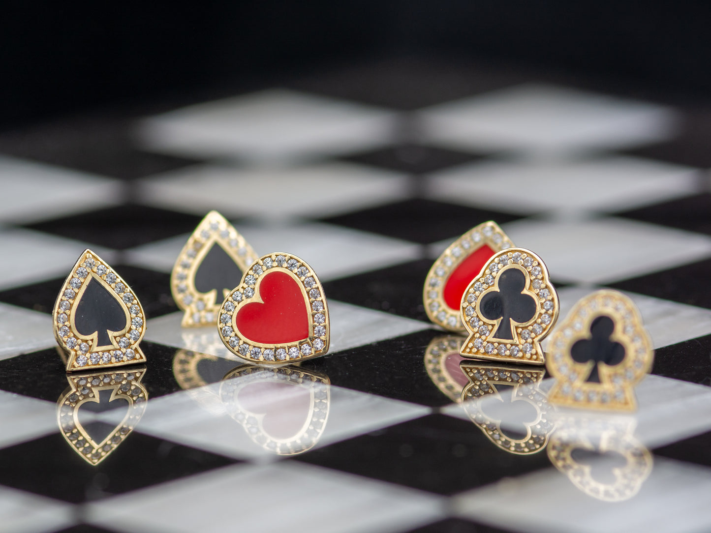 14k solid gold Poker Card Player  - Spade Club Heart - Stud Earring