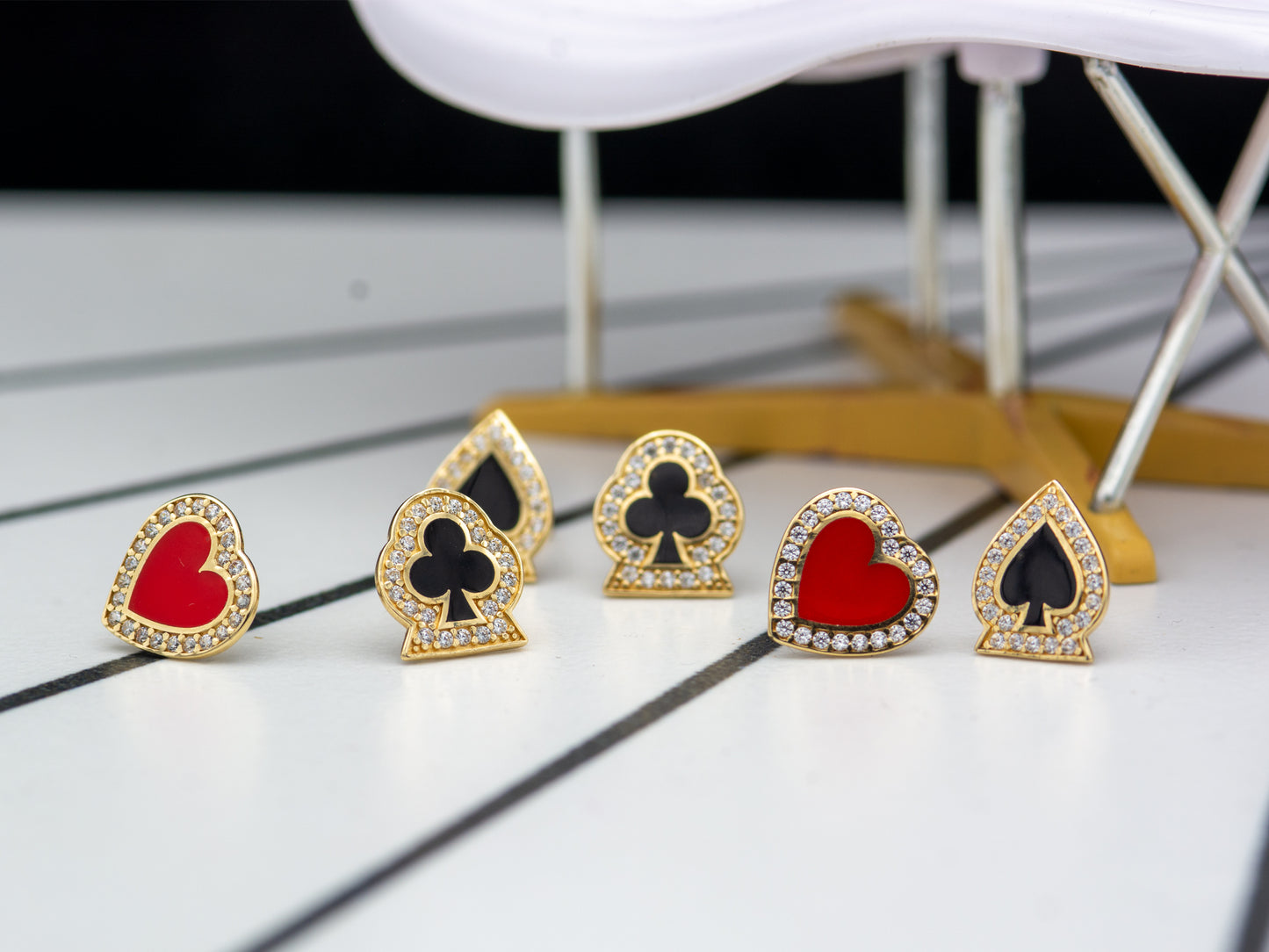 14k solid gold Poker Card Player  - Spade Club Heart - Stud Earring
