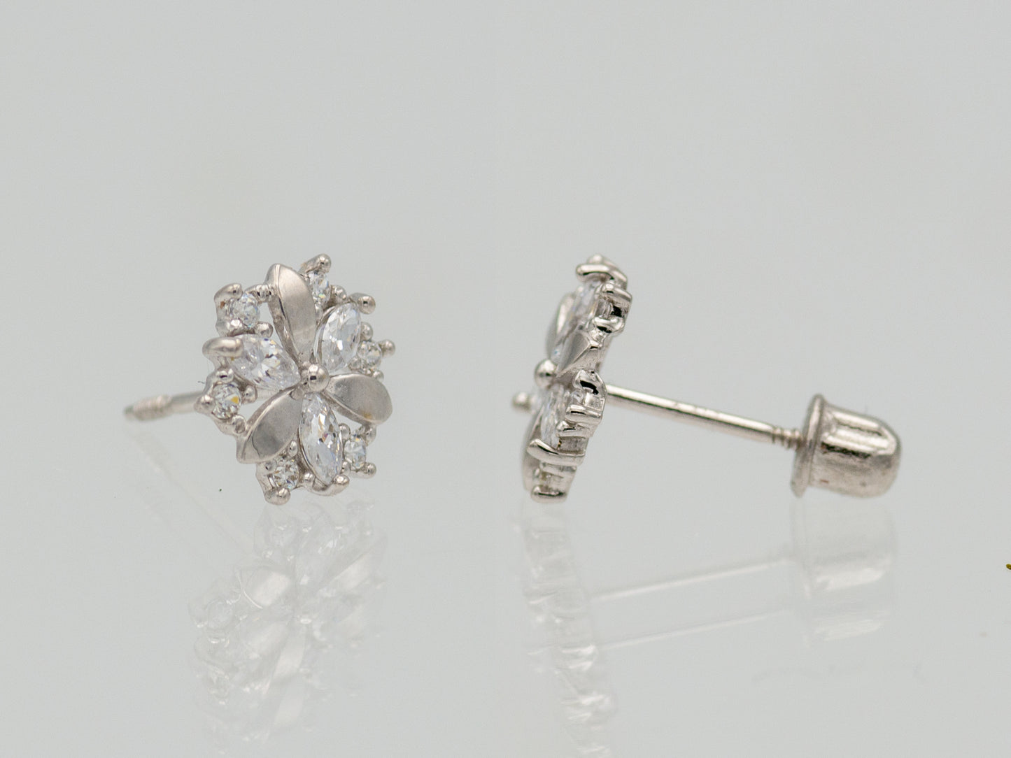 14k solid white gold floral burst stud earring
