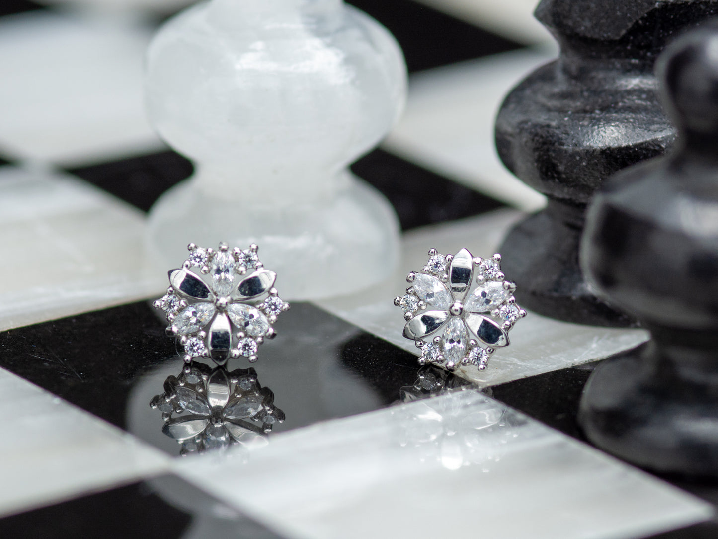 14k solid white gold floral burst stud earring