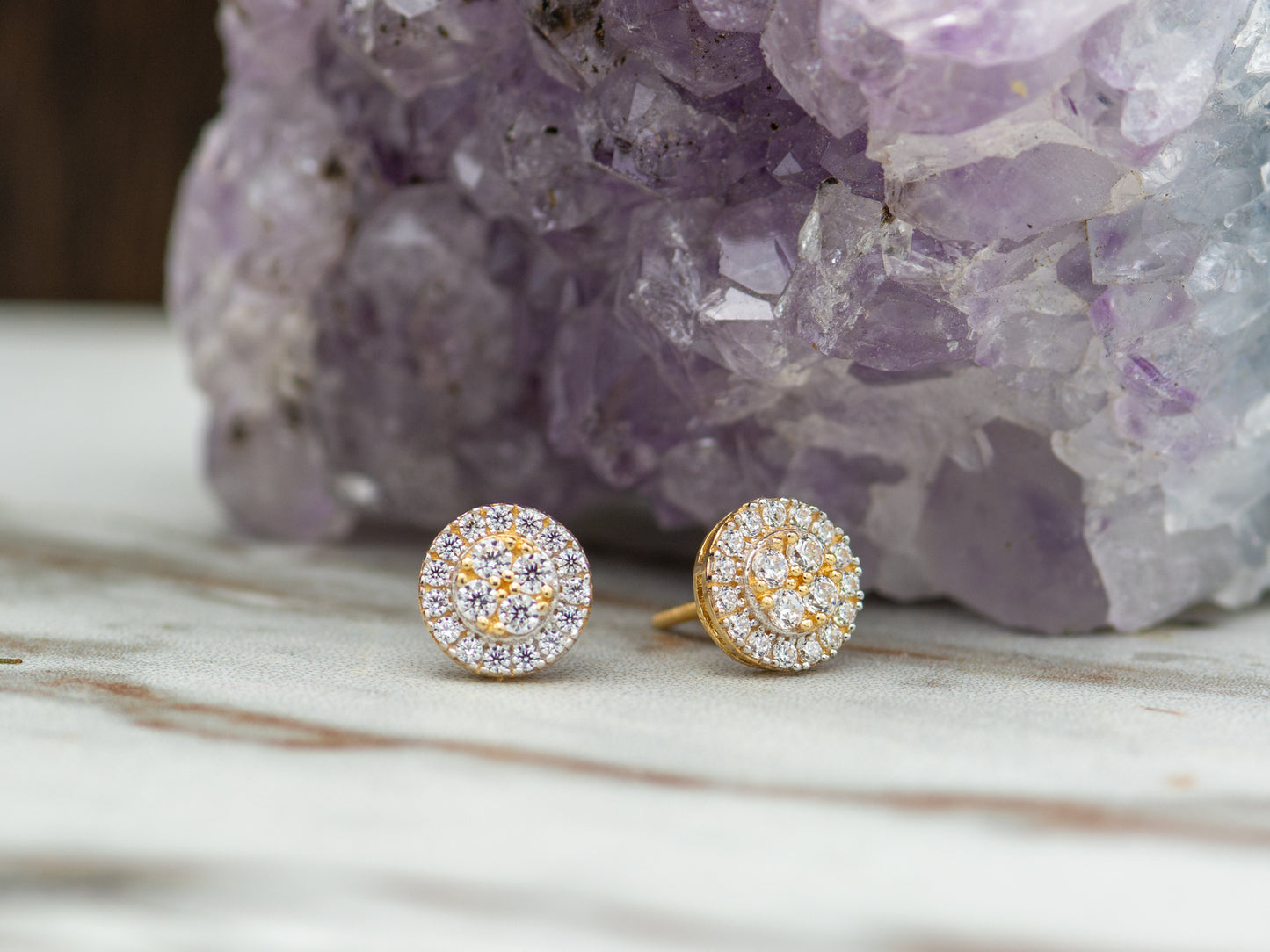 14k solid gold Round Cluster Simulated Diamond Unisex Stud Earring