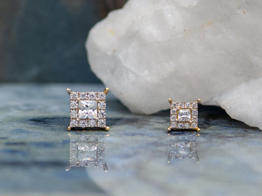 14k solid gold Square princess cut simulated diamond Halo stud earring