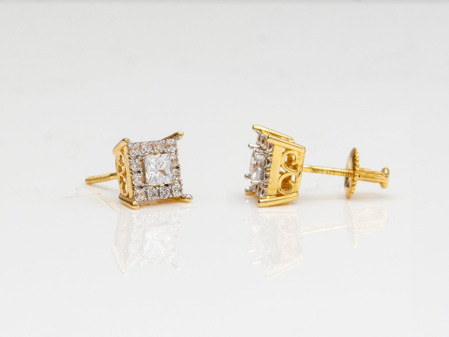 14k solid gold Square princess cut simulated diamond Halo stud earring