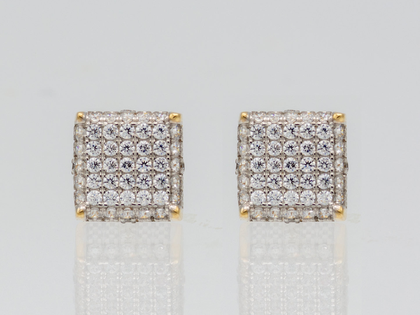 14k solid gold Pave Simulated Diamond Basket Square Stud Unisex earring