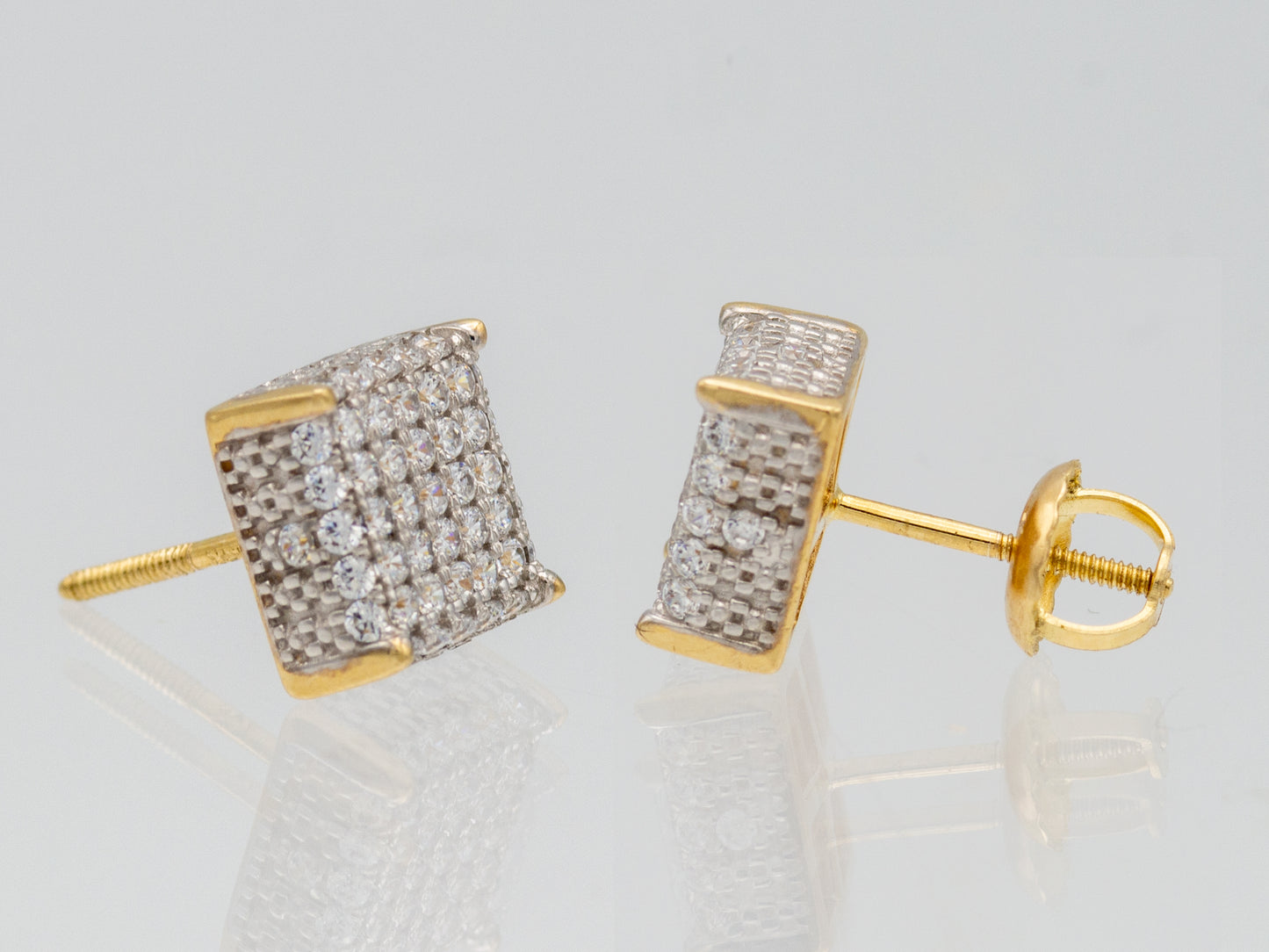 14k solid gold Pave Simulated Diamond Basket Square Stud Unisex earring