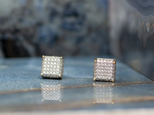 14k solid gold Pave Simulated Diamond Basket Square Stud Unisex earring