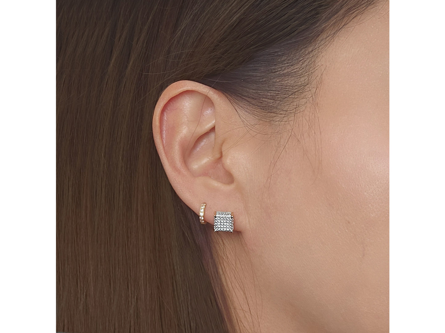 14k solid gold Pave Simulated Diamond Basket Square Stud Unisex earring