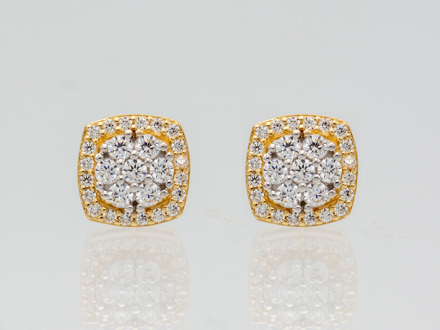 14k solid gold Cluster Simulated  Diamond Square Halo Unisex Stud earring