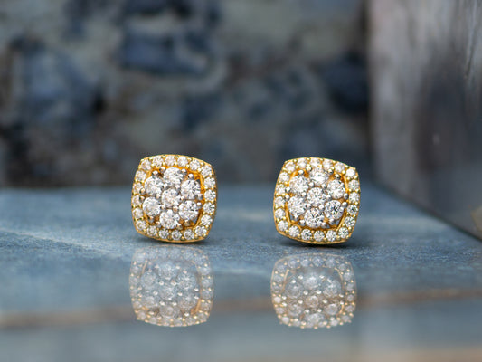 14k solid gold Cluster Simulated  Diamond Square Halo Unisex Stud earring