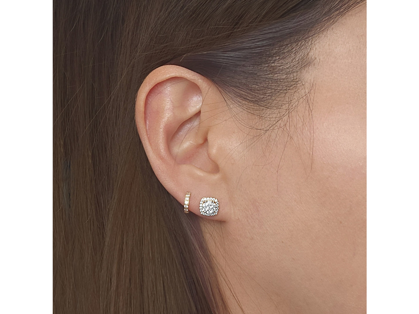 14k solid gold Cluster Simulated  Diamond Square Halo Unisex Stud earring