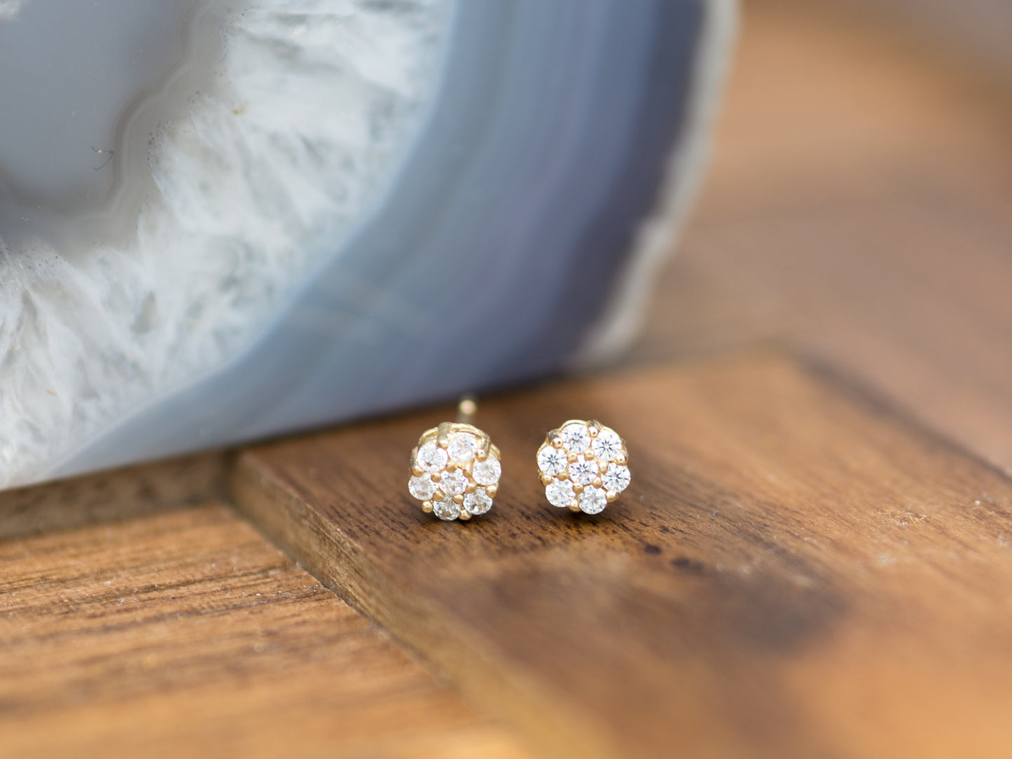 14k Gold Genuine Diamond 7 Stone Honey comb Cluster Stud Earrings