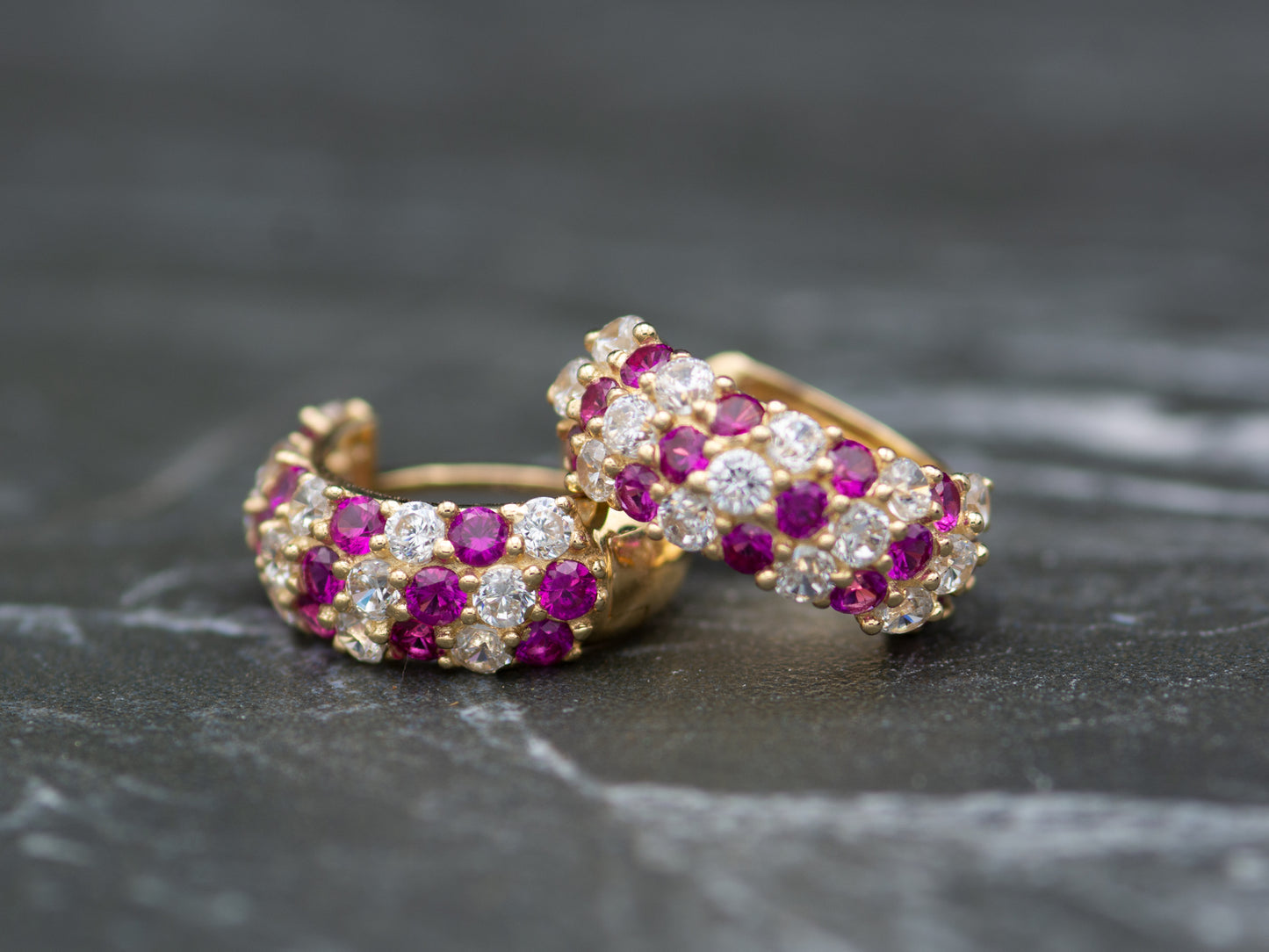 14k solid gold Sparkling Synthetic Ruby Pave Set Huggies earring