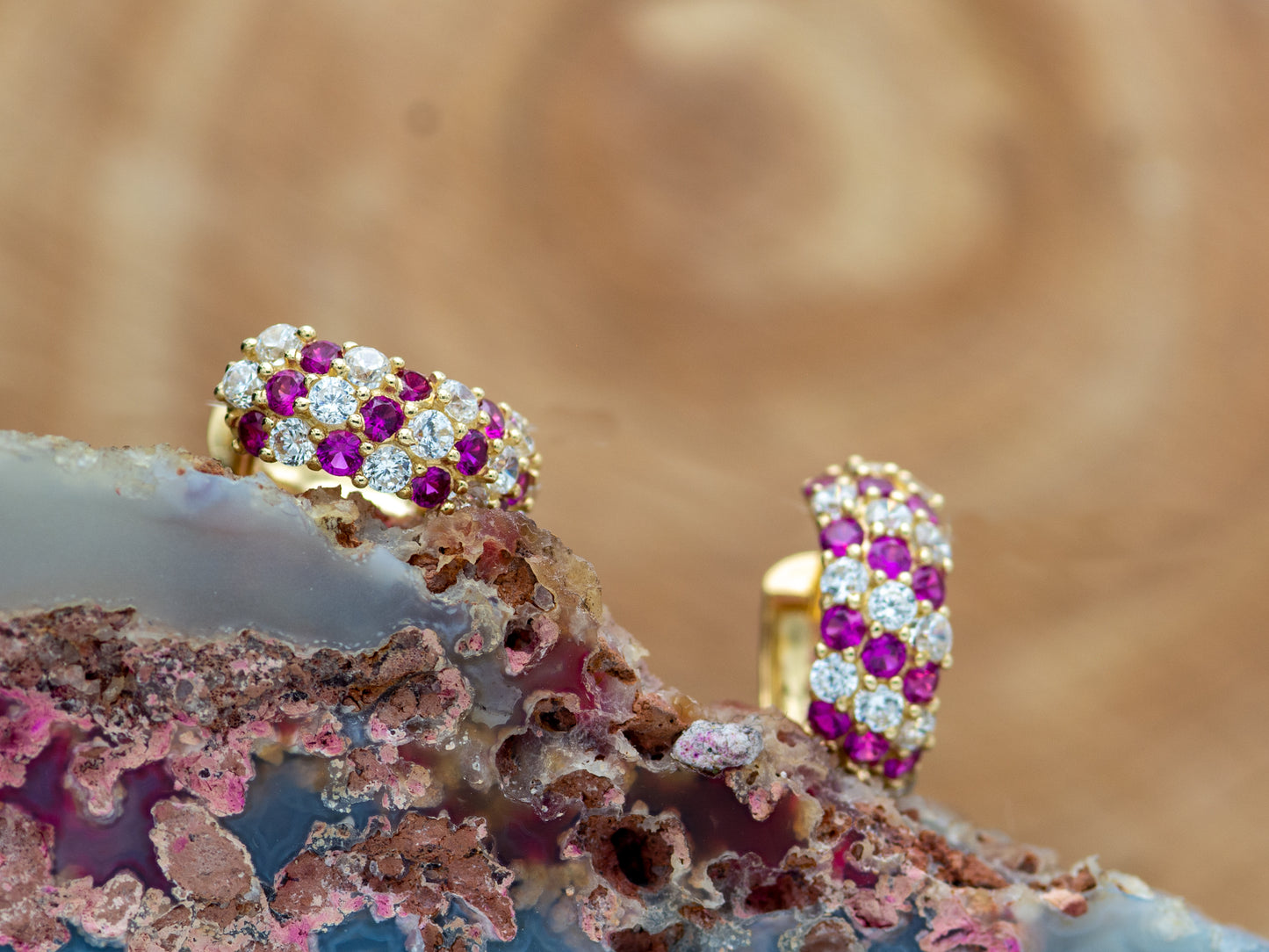 14k solid gold Sparkling Synthetic Ruby Pave Set Huggies earring