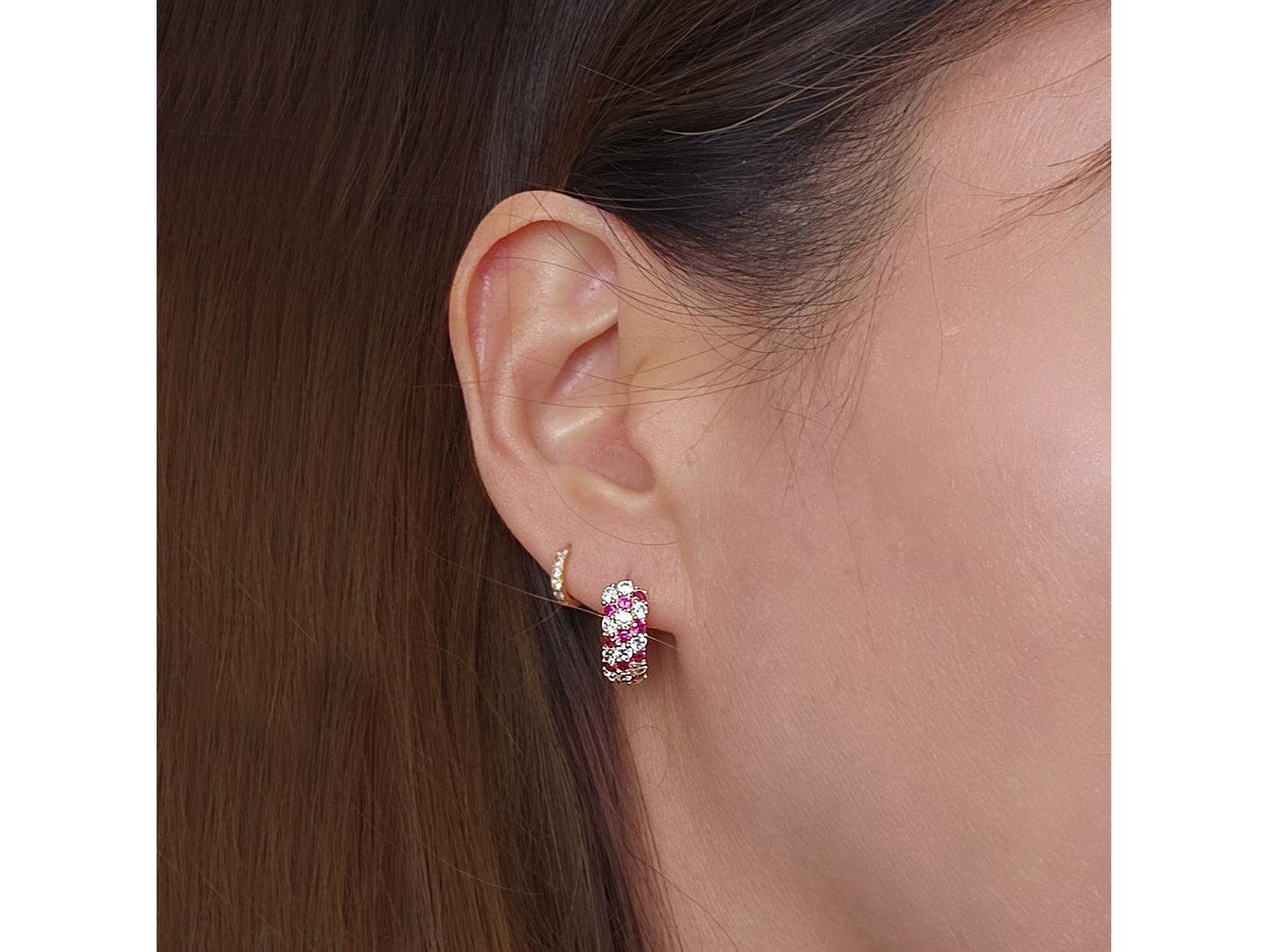 14k solid gold Sparkling Synthetic Ruby Pave Set Huggies earring