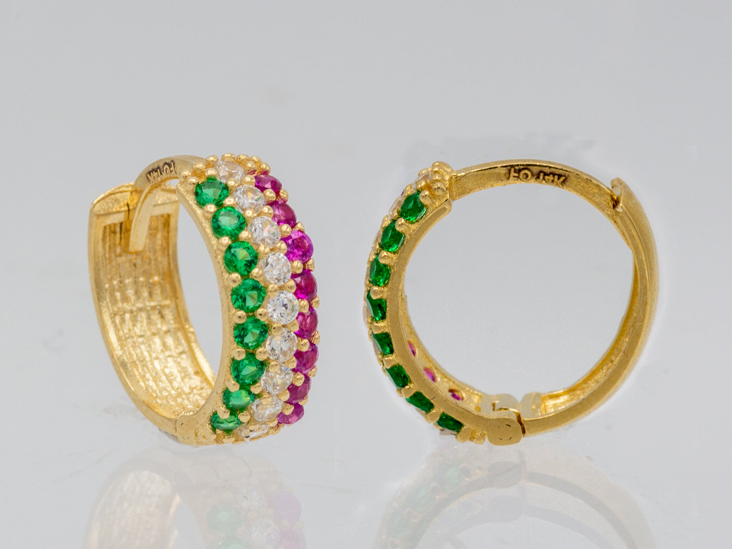 14k solid gold Simulated Ruby Emerald Diamond Huggies Earring