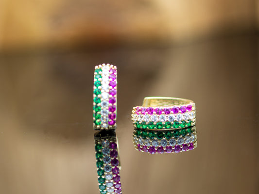 14k solid gold Simulated Ruby Emerald Diamond Huggies Earring